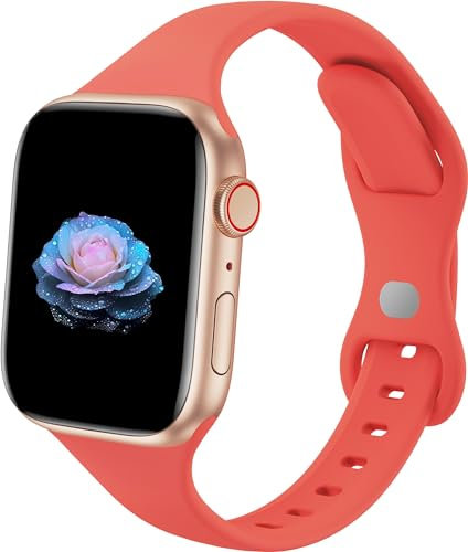 Sycamond Thin Silicone Band Compatible with Apple Watch 41mm 40mm 38mm, Slim Narrow Replacement Sport Strap Wristband for iWatch Series SE 10 9 8 7 6 5 4 3 Ultra 2 1 Women Men, S/M Coral
