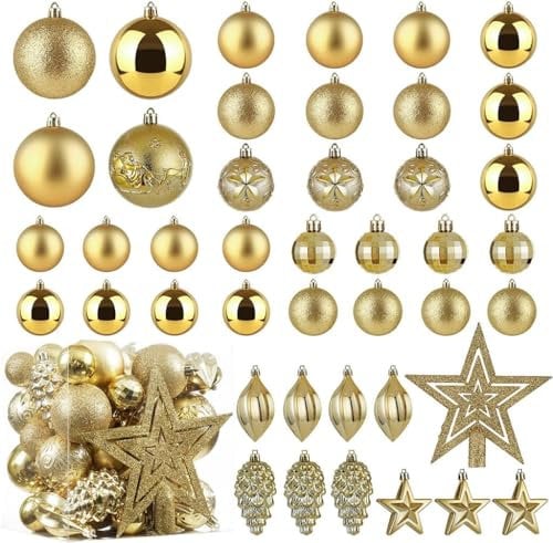 Christmas Ball Baubles Decoration Tree Ornaments including Balls Stars and a Tree topper Shatterproof Xmas Hanging 43 Pieces Set Home Office Outdoor indoor (Gold)