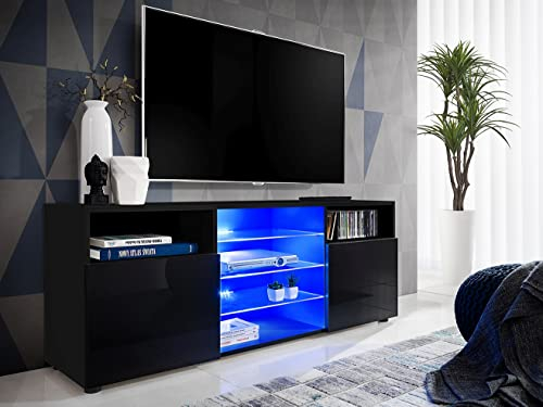 Komodee, TV-Schrank Urbino, Schwarz/Schwarz, Breite 140 cm x Höhe 53 cm x Tiefe 35 cm, LED RGB, 3 Glasböden, 2 Fächern mit Türen, 2 offenen Fächern für Wohnzimmer, Schlafzimmer