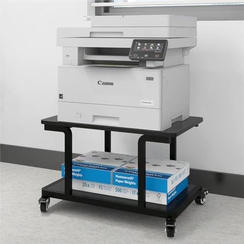 PUNCIA 2-schrichte Druckertisch Druckerständer mit Rollen 60 x 50 cm mobiler Druckerwagen Druckerregal aus Holz & Metall Druckerschrank für großen Drucker Scanner Arbeitszimmer Büro Schule Schwarz