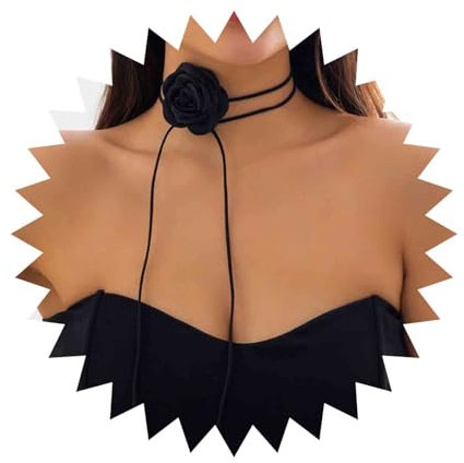 Inateannal Collier ras du cou avec fleur de rose collier de fleur en velours noir long ruban de fleur à lacets collier gothique en daim noir bijoux de costume de cosplay pour femmes et filles