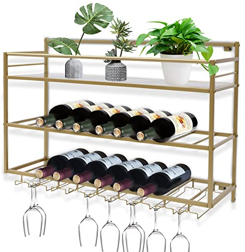 lousriyy Portabottiglie a parete con supporto in vetro, a 3 livelli, colore oro, portabottiglie in metallo, porta bottiglie di vino moderno, 25 x 80 x 55 cm, porta bicchieri da vino per cucina