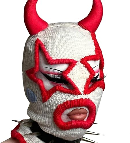COSSIKA Strickmütze, gruselige Sturmhaube, schrecklicher Totenkopf, gehäkelte Mütze für Damen und Herren, Cosplay, verrückter Clown, Sturmhaube mit vollem Kopf