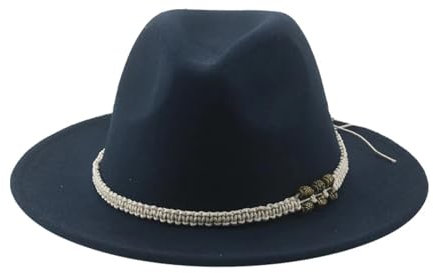 SOYNIA Fedora Trilby Filzhut Hut Hüte Für Damen Fedora Gefilzt Herrenhut Panama Lässig Vintage Western Cowboy Kette Breite Krempe 60–62 cm (XL) Marineblau