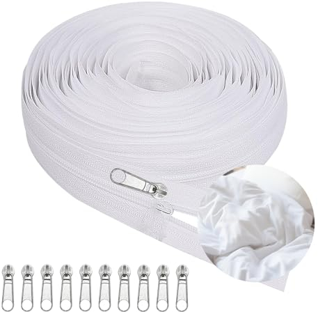 FAINCA 15 M Nylon Cerniere Lampo, Bianco Zip Cerniera, con 20 Cursori per Cerniere Lampo, può Essere Tagliato Zipper, Chiusura Lampo Doppio Cursore, Adatto per Lenzuola, Cuscini