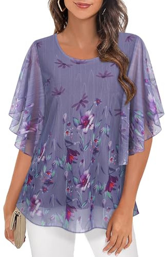 Syphiby Chiffon Tops - UK Women's Floaty Tops to Hide Belly - 3/4 Sleeve Blouse - Casual & Dressy - Summer & Fall Wear - Round Neck - Out Going Wear