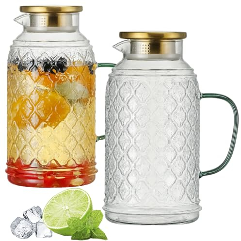 Buaic Brocca in vetro con coperchio, confezione da 2 brocche vintage da 2,5 litri, caraffa per acqua in vetro borosilicato trasparente, per birra fredda, caffè, limonata, tè freddo, bevande,