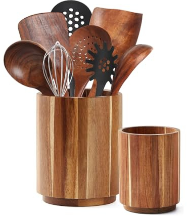 Sameme Acacia Wood Utensil Holder for Kitchen Counter, 360° Rotating 7.3+5.7 Large Cooking Utensil Holder,Kitchen Utensil Crock for Countertop,Farmhouse Kitchen Decor,Spatula Holder Set of 2