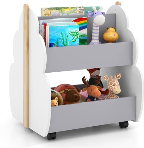 COSTWAY Kids Bookshelf with Wheels, Children Wooden Display Rack Double-sided Bookcase, Toddler Tree-shaped Toy Storage Organizer for Bedroom, Playroom and Kindergarten (Grey+White)