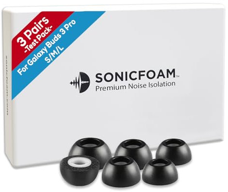 SONICFOAM Memory Foam Earbud Tips - Premium Noise Isolation, Replacement Foam Ear Tips, 3 Pairs for Buds 3 Pro (Buds 3 Pro, S/M/L, Black, Tester Pack)