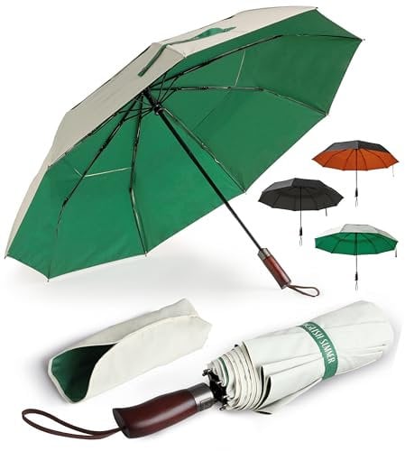 ENGLISH SUMMER Luxury, Quality, Windproof Umbrella for Rain & Sun: Strong, Automatic, Extra Large Canopy, Vented, Folding, Real Wooden Handle (Cream & Green)