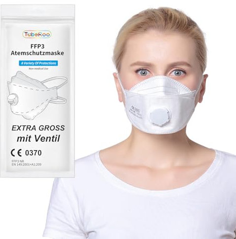 TubeRoo FFP3 Maske mit Ventil großer Kopf, Fischform 20 Stück Masken, Versand aus Deutschland, Kopfband/Ohrschlaufen Bänder, Atemschutzmaske