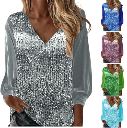 Top scintillante da donna UK manica lunga scollo a V paillettes glitter top donna brillante festival festa camicia e camicetta scintillante paillettes sera pullover t-shirt, Argento, M