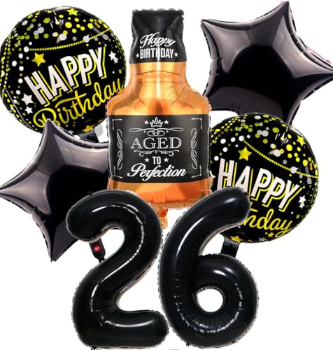 Feelairy Luftballon 26. Geburtstag Mann, 26 Geburtstag Deko Schwarz Ballons Whiskey Deko 26. Geburtstag Frauen, Geburtstagsdeko 26 Jahre Männer, Ballon Weinflasche Deko zum Geburtstag Frau 26