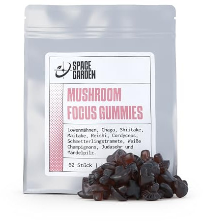 Spacegarden – 60 Vitalpilze Gummibärchen – Pilz Komplex aus Löwenmähne, Chaga, Shiitake und Cordyceps – Mushroom Gummies mit Natürlicher Erdbeergeschmack, Vegan und Zuckerfrei