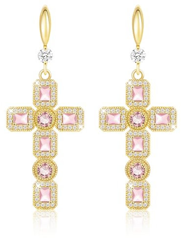 Linawe Rosa Kreuz Anhänger Schmuck, Kreuz Ohrringe Gold Hängend, Damenohrringe Ohrhänger Modeschmuck, Moissanite Geburtsstein Kristall Strasssteine Ohringe Vergoldet Frauen