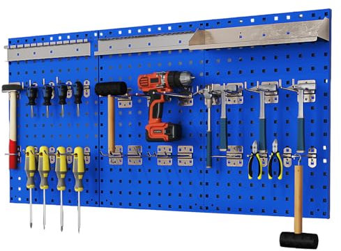 SOARS Porte Outils Mural 120 X 60 CM, Rangement Outils en Métal en 3 Panneaux Perforé avec Kit de 28 Crochets, Stable et Robuste, pour Garage, Atelier, Atelier de Réparation (Bleu)