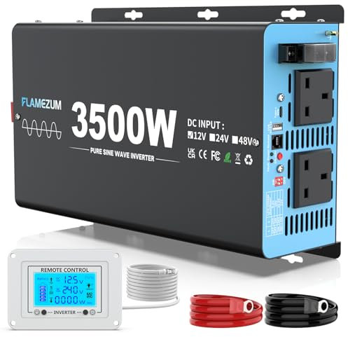 FLAMEZUM 3500w Pure Sine Wave Power Inverter DC 12V to AC 240V Voltage Converter with 2 AC Outlets,1 USB-A Port,1 USB-C Port,LCD Remote Control,for Motorhomes,Trucks,Boats,Camping