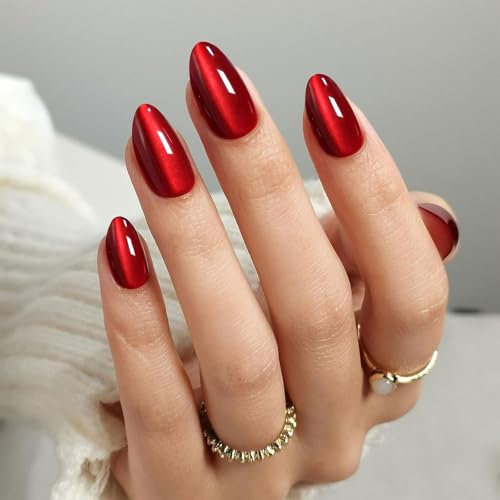 Press on Nails, 24 Stück Blutrot Sätze Mittel Oval Falsche Nägel, Cat Eye Magnetic Fake Nails, Cover Kunstnägel mit Gelee-Kleber, für Ideal Cat Eye Magische Effekt, Für Frauen Mädchen