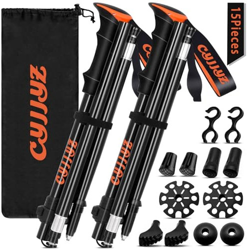 CYJJYZ 2Pcs Baton de Marche Pliable, Bâtons de Randonnée, Réglables 108-135cm, Batons de Marche Nordique, Baton de Randonnée en Aluminium, avec 5 Paires de Tampons en Caoutchouc, pour Trekking