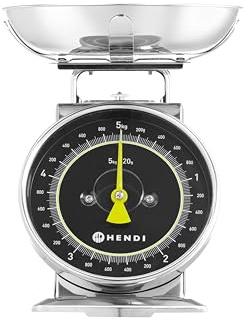 HENDI Küchenwaage, mechanisch, für max 5 kg, Einteilung 20g, mit Wiegeschale, Tara-Funktion, keine Batterien erforderlich, Haushaltwaage, Retro-Küchenwaage, 207x231x(H)254mm, Edelstahl