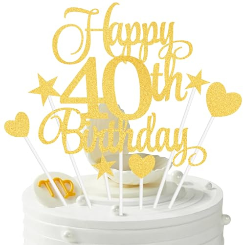 40th Birthday Cake Decorations, 7Pcs Happy Birthday Cake Topper with Heart Star Cupcake Picks, Gold Glitter Happy 40 Years Old Birthday's Sign for Party Supplies