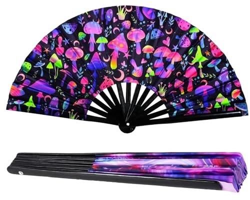 COONE 1PCS UV Fluorescent Kung Fu Fan, Folding Hand Fan with Glow in The Dark, Clack Fan for Dance, Party, Rave, Performance, Decoration (34cm, Multi-Colour)