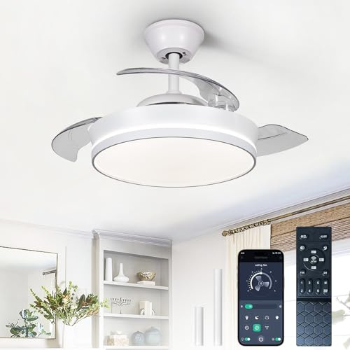 Depuley Ventiladores de techo retráctiles con luz: Ventilador de techo de 36 pulgada con mando a distancia - Ventilador silencioso inteligente con regulador de intensidad para dormitorio, color blanco