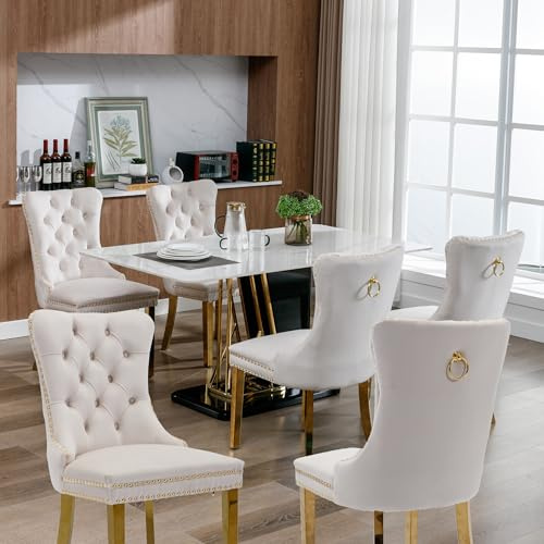 Chaises de Salle à Manger Lot de 6, Chaise Salle a Manger Haut Dos en Velours, Chaise de Salle à Manger avec Pieds en Acier Inoxydable chromé, Décoration Rivets, Supporter Un Poids 130kg, Beige + Or