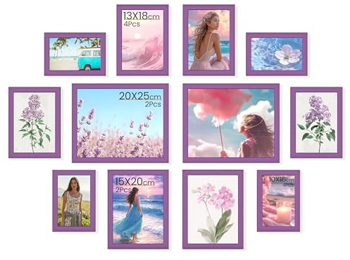 12er Bilderrahmen Set verschiedene Größen, Bilderwand Collage zum Aufstellen & Aufhängen, Fotorahmen aus Leichtem Kunststoff mit Acrylglas, Fotocollage for Wall 10x15, 13x18, 15x20 & 20x25 cm, Violett
