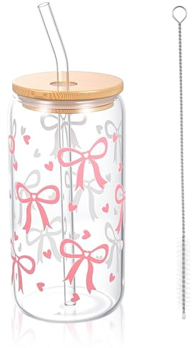 BJBJJIU Gobelet en verre avec paille et couvercle, 16 oz tasse en verre, roses à nœud gobelet avec paille et couvercle pour café glacé, bubble tea, cocktails et idées cadeaux
