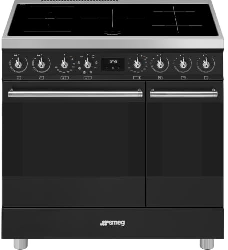 Smeg Cucina Con piano cottura Induzione 90 Cm, 5 Zone Cottura, Una Zona Flessibile,Funzione Autoarresto, Forno Principale Elettrico Ventilato, Forno Secondario Statico,Vapor Clean, Classe A