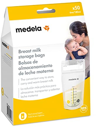 Medela pack de bolsas de almacenamiento de leche materna de 180 ml, paquete de 50 bolsas de recogida de leche materna sin BPA con doble cierre, de congelación y descongelación rápida