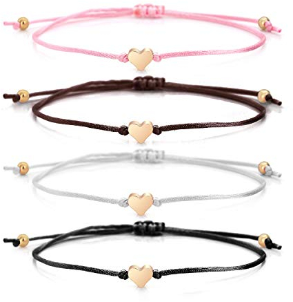 Filigranes Herz Armband Damen -Herz Freundschaftsarmband - Schwarzes Textil Band mit Gold kleinen Herz - Handmade - Frauen Armband Größenverstellbar(4 Stuck)