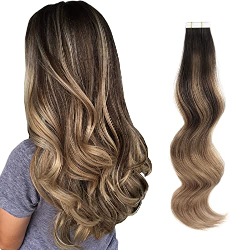 ABH AMAZINGBEAUTY HAIR Echthaar Extensions Tape Balayage Extensions Tape ins Unsichtbar Doppelseitig Echtes Remy Menschenhaar Skin Weft 50g 20 Stück Dunkelbraun mit Kastanienbraun B2-6 55 cm