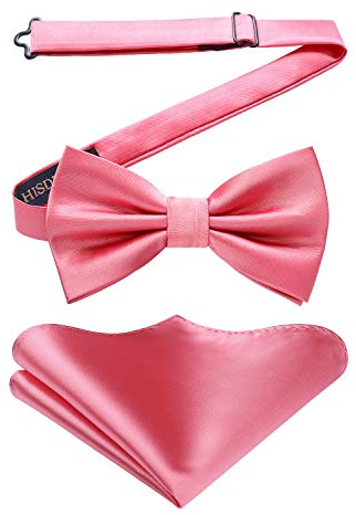 HISDERN Nœud Papillon Rose Hommes et Mouchoir avec Crochet déjà lié et Réglable Couleur Unie Nœuds Papillons Homme Carré de Poche Ensemble