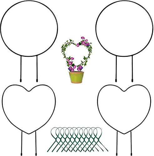 Legigo Schwarzes Metall-Pflanzen-Rankgitter für Kletterpflanzen, Eisen-Ranken-Stammstützdraht, Pflanzen Kletterhalter mit 10 Pflanzenbindern für Topfpflanzen, Blumen, drinnen (2 Kreise und 2 Herz)