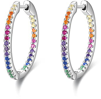 Regenbogen Farbe Funkelnde Ohrringe Echt 925 Sterling Silber Kreis Zirkonia Creolen Für Frauen Luxus Hochzeit Schmuck