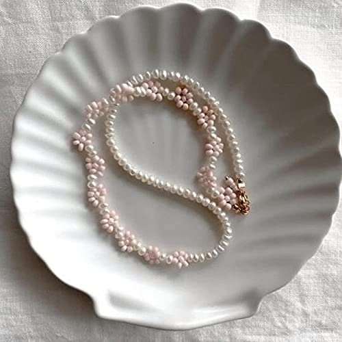 SONGK Collana di Perle d'Acqua Dolce Vere Perle Rosa Pesca Delicata Semplice Collana in Acciaio Inossidabile Placcato Oro con Serratura