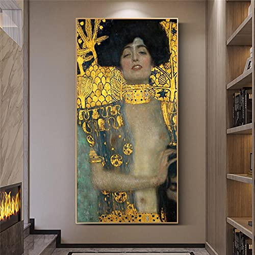 Gustav Klimt Gold Reproduktionen Bilder - Judith und der Kopf des Holofernes von Gustav Klimt Berühmte Kunstgemälde 40x90cm(16x35in) Mit Rahmen