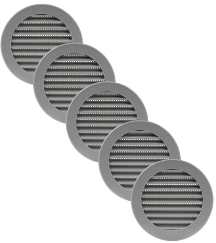 Vent Systems 100 mm / 4 Inch Round Soffit Vent Cover - Pack of 5 - Gray Louvered Plastic Grill Cover - Vent Grille with Screen Mesh - HVAC, Ducting, Pipe Air Supply Vents for Bathroom, Kitchen