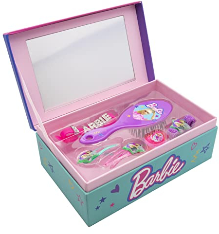 Joy Toy - Barbie Schmuckschatulle mit Accessoires: Bürste, 2 Haarspangen, Ring, Armband, Haarband - 18x11,5x7 cm