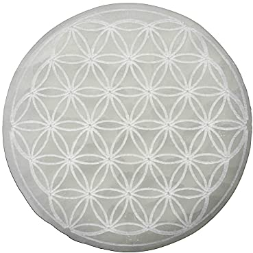 Griglia energetica rotonda di selenite naturale con fiore della vita per creare reti cristalline. Protegge gli spazi, purifica l'aura delle persone, Trasmette pace e tranquillità,