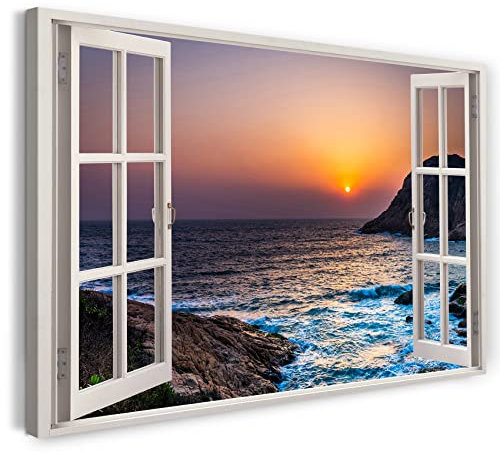 Bilder Fensterblick 100x70cm Baumwoll-Leinwand auf Keilrahmen mit Aufhänger moderner Kunstdruck XXL Wandbilder Wand-Dekoration Sonnenuntergang Meer Klippen Wasser Strand - Natur-Fotografie