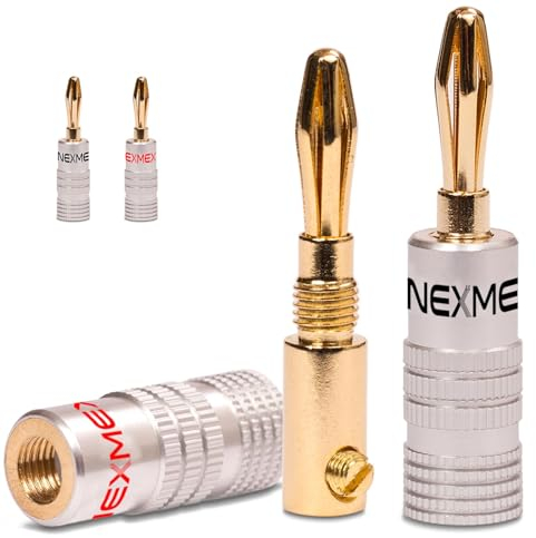 NEXMEX Bananenstecker 4mm - 4 Stück Stecker als Set - Steckverbinder 24K vergoldet Schraubbar für Lautsprecherkabel - HiFi Lautsprecheranschluss