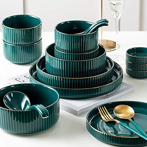 DREANNI Stylish Ceramics Dinner Sets, 60 Pieces Light Emerald Green Dinnerware Combination Set | Porcelain Plates and Cereals Bowls Sets for Creative Restaurant
