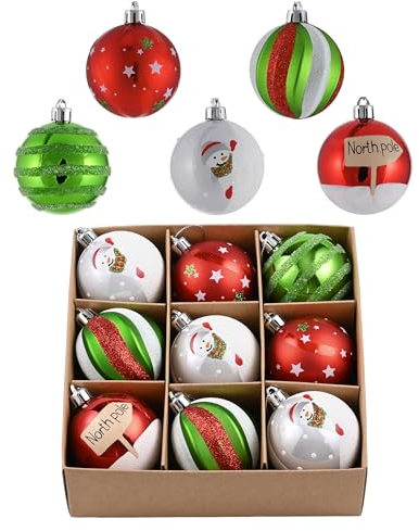 Valery Madelyn Christmas Baubles, 9pcs 6cm Red, Green & White Christmas Ball Ornaments for Tree Decorations