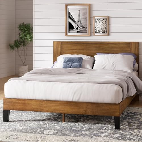 Zinus Tonja Double Bed frame - Bed 135x190 cm - 30 cm Height - Wooden Platform Bed frame with Headboard - Brown