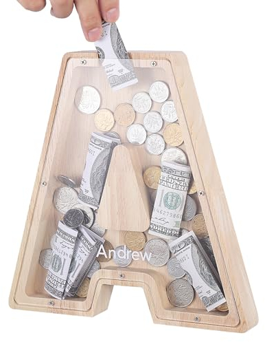 TsunNee Holz Brief Spardose Sparschwein Kreative Brief Münzbank Spardose mit Klare Alphabet Aufkleber, Spardose für Kinder Weihnachten Geburtstagsgeschenk Home DIY Dekoration (Helles Holz A, L)