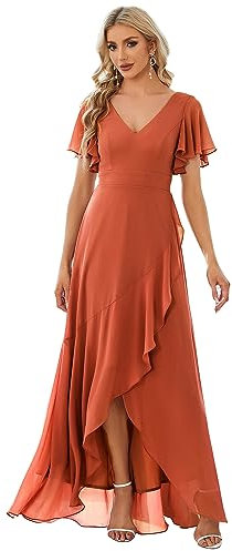 Ever-Pretty Women Chiffon Asymmetrical V Neck Short Sleeves Long Wedding Guest Dress Burnt Orange 20